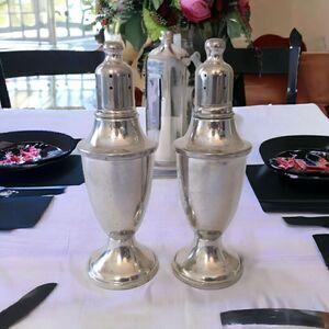 Web Pewter Salt Pepper Shaker Set Amber Glass Lined Weighted Vtg 80s Farmhouse.